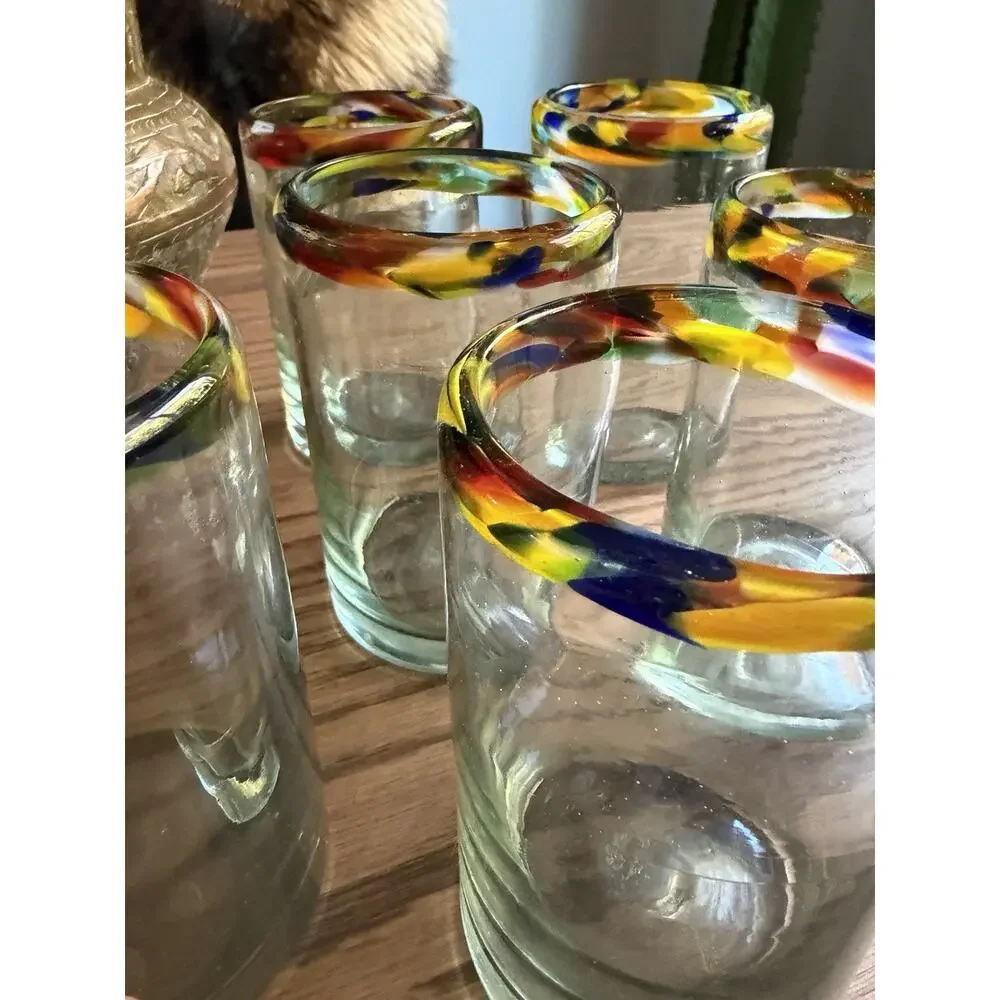 Vintage Mexican Hand Blown Carnival Rimmed Cocktail Glasses Set of 6 Thick Glass